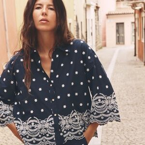 Zara Dark Blue top  with White Floral Embroidery